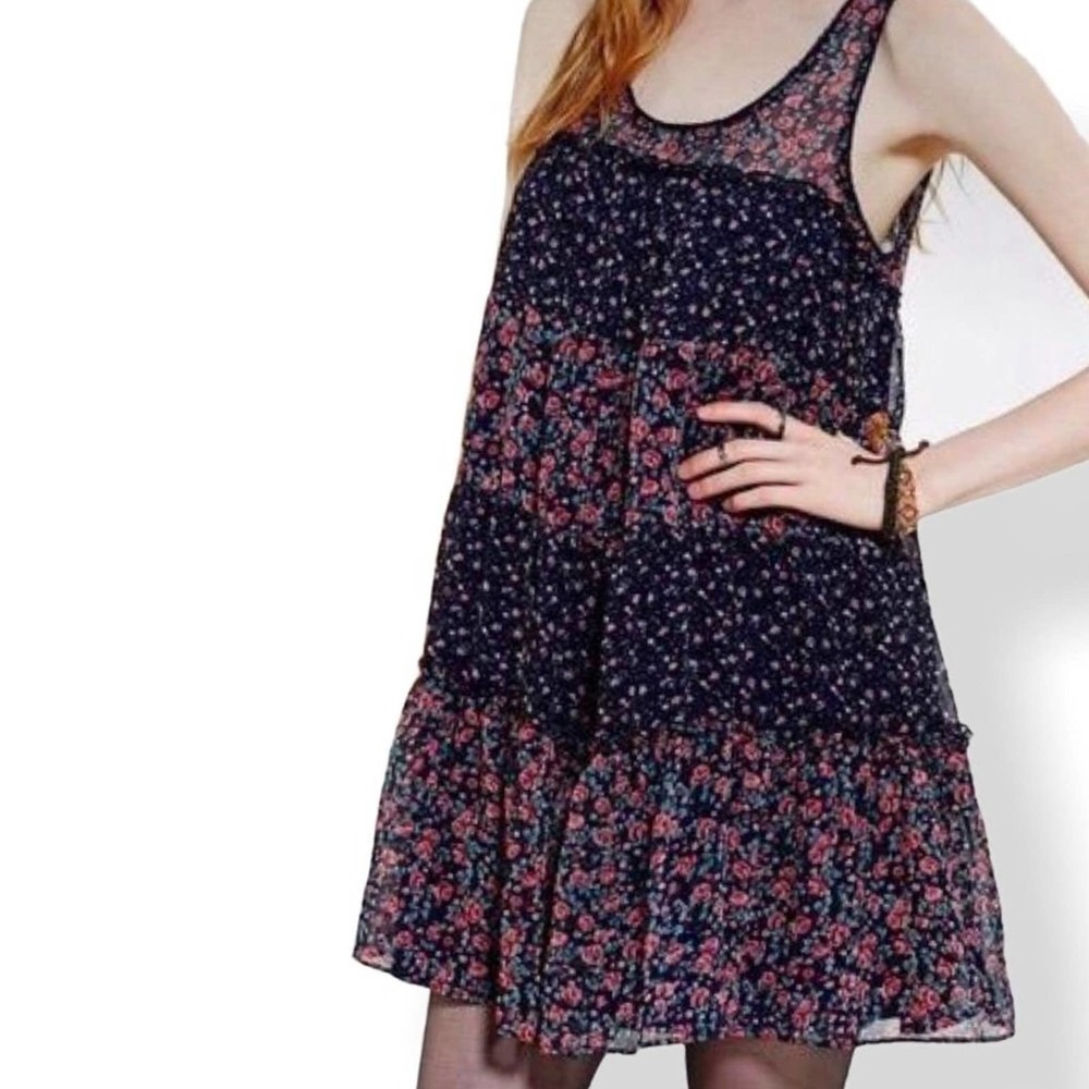 UO x Kimchi Blue Womens Boho Floral Summer Dress Small Multicolor Ruffled Sheer